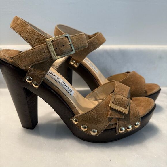 Jimmy Choo Open Toe Suede Urban Sue Platform Wooden Heels Sandal Hazel 7.5 - Picture 3 of 8